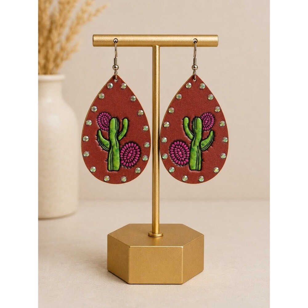Brown Teardrop Cactus Embroidered Earrings - Unbranded - NWOT